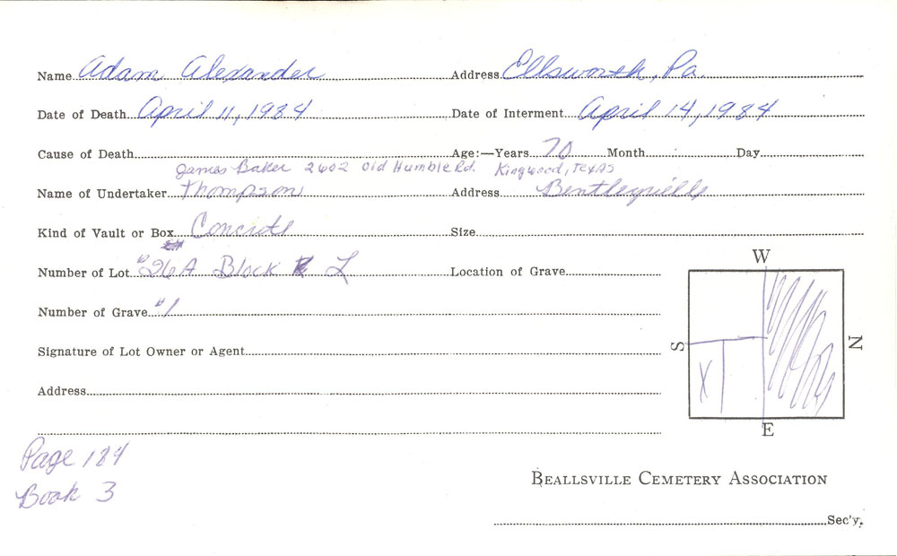 Adam Alexander burial card